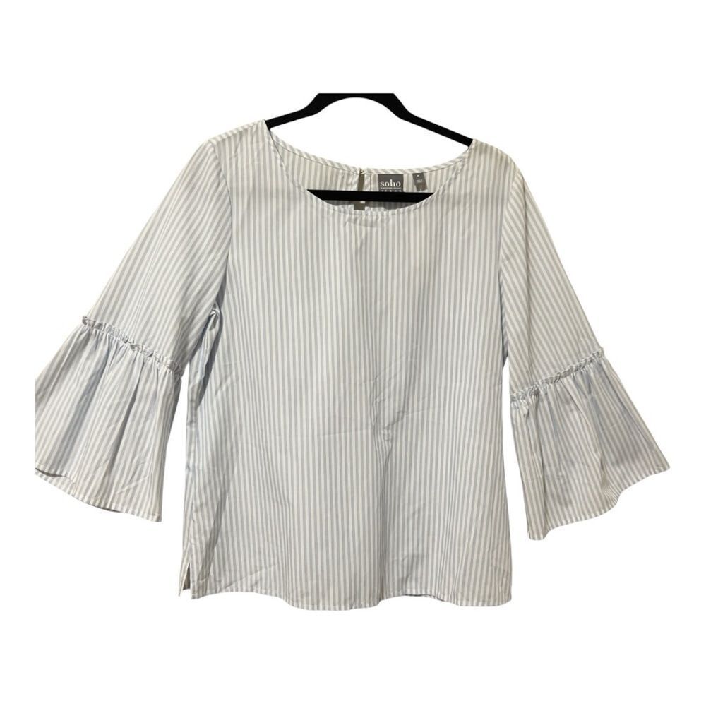 Soho New York & Company Poplin Blue‎ White Pinstripe Bell Sleeve Top Size Medium